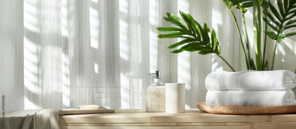 Sticker Bath towels, wooden poster, and houseplant arranged on a table with space for text.