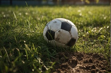 Dirty soccer ball on a grass covered with sunlight