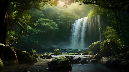 Panorama of a beautiful waterfall in the jungle. Panoramic image. - obrazy, fototapety, plakaty