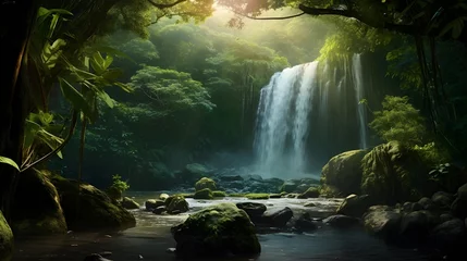 Fotobehang Panorama of a beautiful waterfall in the jungle. Panoramic image. © Iman