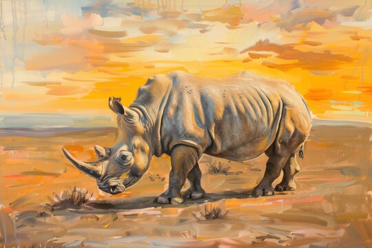 oil painting of rhino in the style of and