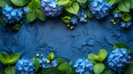 Rolgordijnen Blue hydrangea flowers on blue background with copy space. © Виктория Дутко