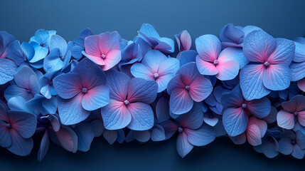 Blue hydrangea flowers on blue background. Floral background