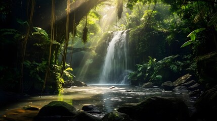 Panoramic view of a small waterfall in the rainforest on a summer day