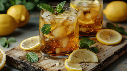 Refreshing Iced Tea with Lemon and Mint - obrazy, fototapety, plakaty