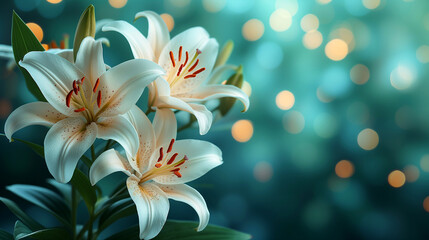 Fototapeta na wymiar Beautiful lily flowers on blurred background with bokeh effect