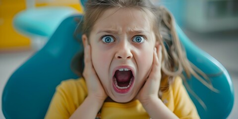Child having a tantrum at the dentists office scared and refusing to open her mouth for a checkup. Concept Dental Anxiety, Child Behavior, Dental Visits, Parenting Challenges - obrazy, fototapety, plakaty