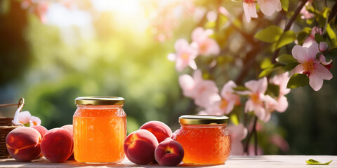 jars of homemade apricot jam and fresh apricots on a rustic outdoor table.