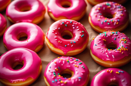 Delicious dessert. Pink donuts with multicolored sprinkles . Confectionery products.