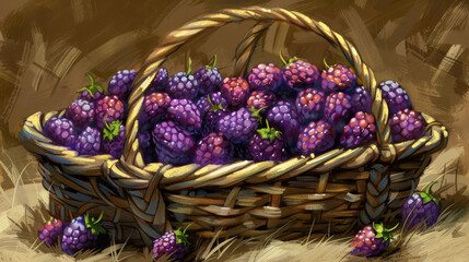  Purple-filled wicker basket on a rustic canvas, accented with verdant foliage