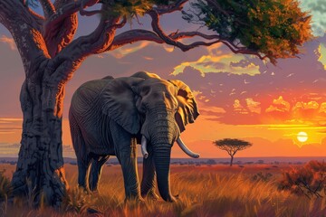 A majestic elephant stands under an acacia tree
