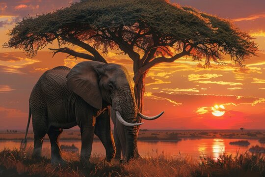 A majestic elephant stands under an acacia tree