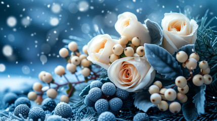 Christmas and New Year background with white roses, berries and snowflakes