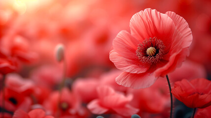 Beautiful red poppy flowers on blurred background, closeup. Floral design - obrazy, fototapety, plakaty