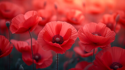 Beautiful red poppies on the field. Soft focus.