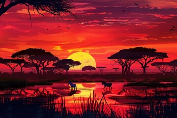 A majestic African sunset painting with silhouettes of acacia trees and wildlife like zebras