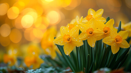 Beautiful yellow daffodils with bokeh background.