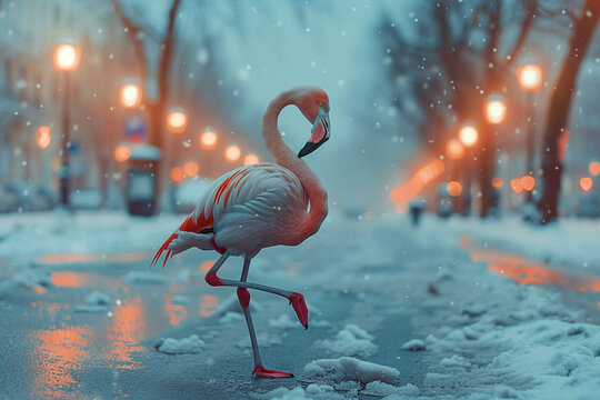 Image of a flamingo running on the streets, while listening to music.