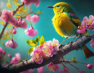 Um pássaro amarelo empoleirado no galho florido de flores cor-de-rosa de uma árvore. Com fundo...