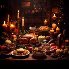 Obraz na płótnie Canvas Thanksgiving dinner table with roasted turkey. pumpkin. apples. nuts. candies and candles