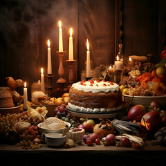 Fototapeta premium still life with a cake. fruits and candles on a wooden background