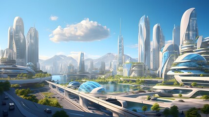 Futuristic city panorama with skyscrapers and high-rise buildings - obrazy, fototapety, plakaty