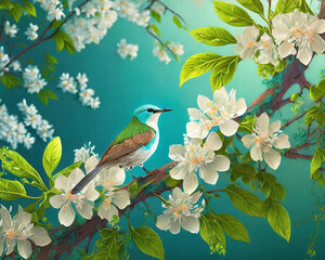 Um pássaro colorido, empoleirado no galho de uma árvore com flores brancas e com fundo azul.