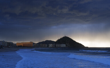 Nightfall in Donostia. Storm clouds on the coast of the city of Donostia San Sebastian, Euskadi.