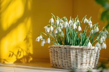 A basket of snowdrops against the background of yellow walls