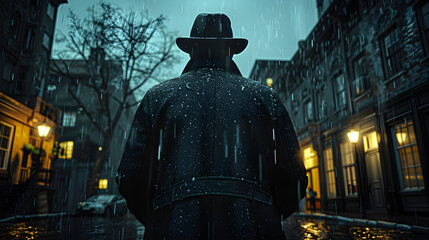Male detective stands with his back on a night street with rain in the style of film noir. - obrazy, fototapety, plakaty