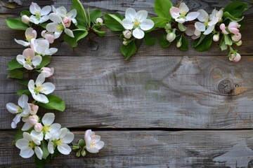 Obraz na płótnie Canvas A rustic wooden background with apple blossoms arranged in the shape of an 'S' for springtime decor