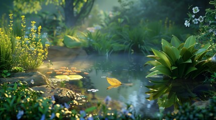 A tranquil scene of a small, serene pond surrounded by medicinal plants and herbs under a soft, early morning light.