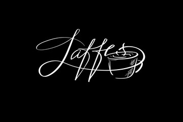 Coffee time. Latte. Lettering vector illustration for poster, card, banner for cafe. Graphic design lifestyle lettering. Handwritten lettering design elements for cafe decoration and shop advertising