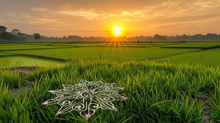 A tranquil sunrise over the lush green paddy fields of Bengal, with a traditional Alpana (intricate folk art patterns) drawn with rice paste on the foreground, welcoming the Bengali New Year. - obrazy, fototapety, plakaty