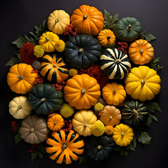 Colorful pumpkins on dark background. Top view. flat lay.