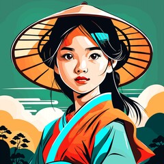 Illustration of a Beautiful Vietnamese Girl Model in Traditional Costume