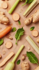 Fruit and vegetables, slippery celery leaf and yuca root flat lay background wide angle shot from above, minimal, illustration made with generative AI - obrazy, fototapety, plakaty