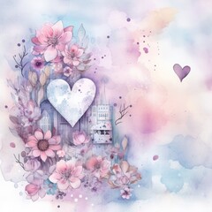 A delightful watercolor collage featuring a whimsical shabby chic house nestled in a garden filled with vibrant flowers, trees, and scattered hearts. - obrazy, fototapety, plakaty