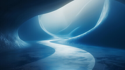 A blue cave with a river running through it.. AI.
