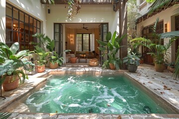 Courtyard with pool surrounded by lush greenery and furnished living room in the background - obrazy, fototapety, plakaty