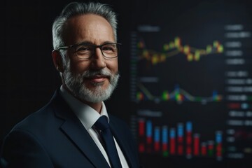 A photo of an attractive smiling stock market professional man wearing a suit and glasses standing in front of a background with rising graph lines and numbers