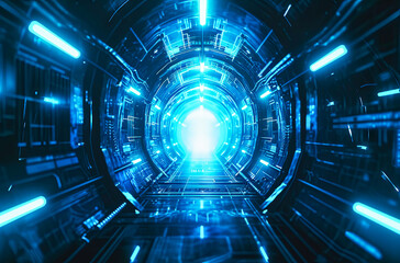 a blue neon tunnel looking down with - obrazy, fototapety, plakaty