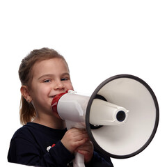 A little girl with a loudspeaker, shouts loudly and tells the news