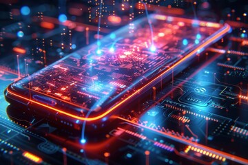 Circuit Board with Smartphone Glowing in the Dark, Transparent Case Revealing Electronics Inside