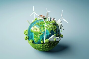 3D rendering of Earth with a green city and wind turbines on a light blue background. Concept for eco-friendly energy and sustainable development in the style of Mac Studio lighting. - 770076173