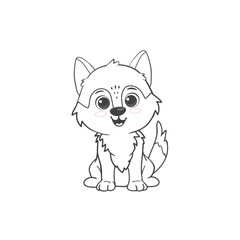 Cute cartoon wolf isolated on white. Cartoon character, wolf cub.  Coloring page. Vector illustration