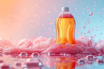 Plastic Bottle with Colorful Bubbles and Foam Isolated on Pink Background