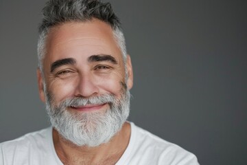 Portrait of a handsome senior man with grey hair and a beard wearing a white t-shirt over a gray background