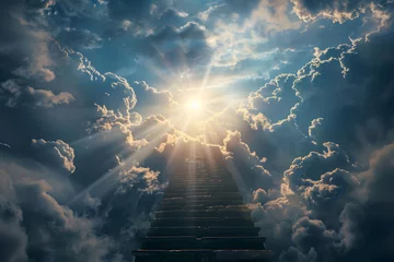 Foto op Canvas Illustration of a stairway ascending towards heavenly realms with a bright sky, clouds, and sun shining through the stairway. Symbolizing spiritual transcendence and enlightenment.  © jex