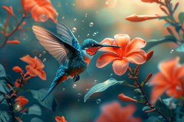 Coral Reef_the best ultra high image quality and high art aesthetics result, a beautiful hummingbird, sunrise, a big lush tropical flower.